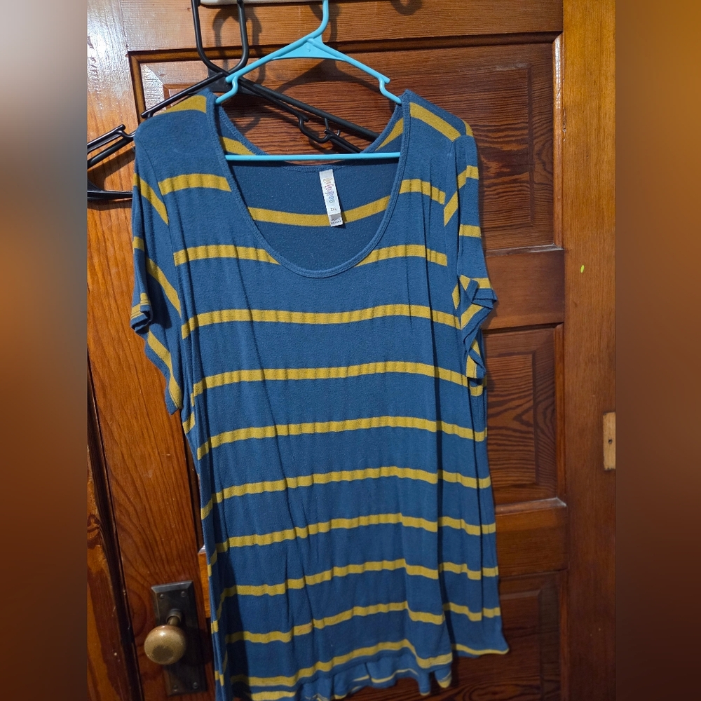 LuLaRoe Blue and Yellow Striped Short Sleeve Top